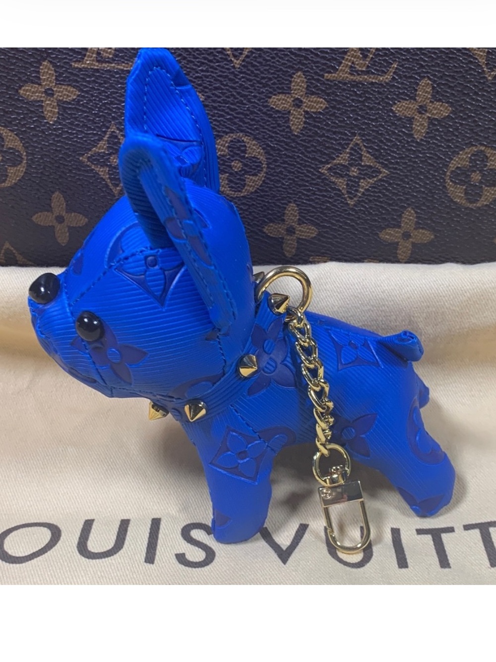 Royal Blue Epi Leather Frenchie Dog Charm with Gold Studded Chain Adorable